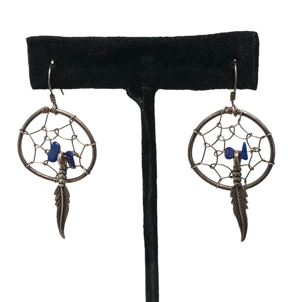 STERLING SILVER AND LAPIS CHIPS DREAM CATCHER EARRINGS